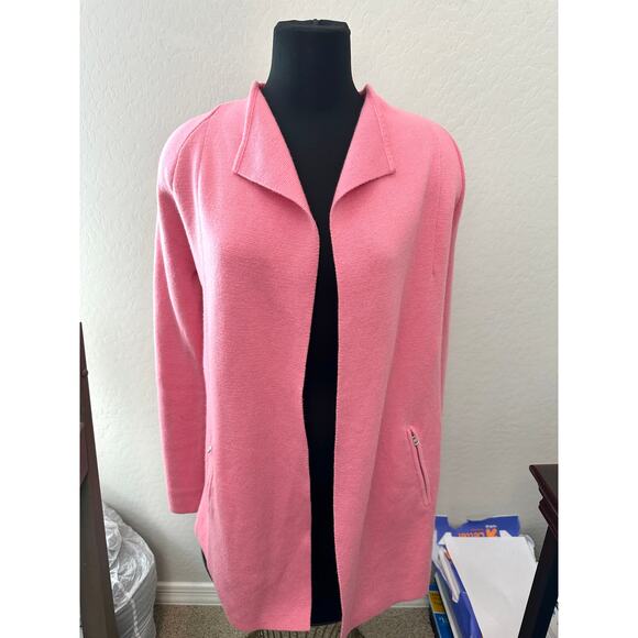 TALBOTS | Merino Wool Open Front Cardigan Pink Pocket Sweater Jacket | Medium - Picture 2 of 7